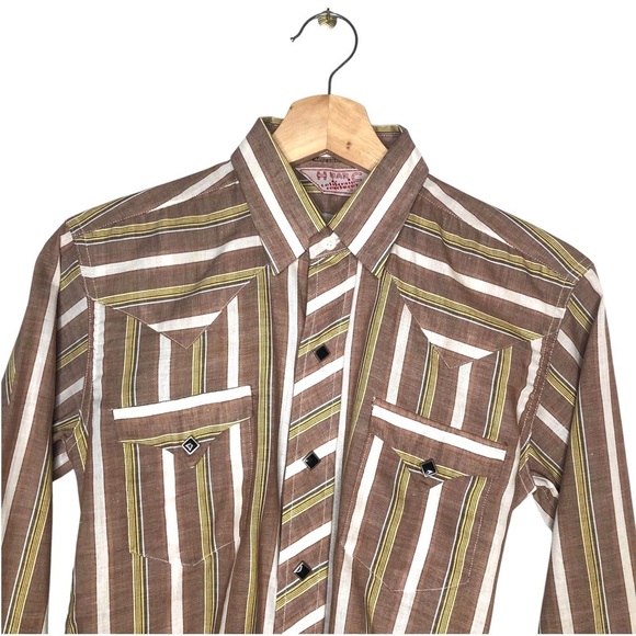 VINTAGE 70s H Bar C California Ranchwear Mens Brown Striped Western Shirt Small - Picture 2 of 8